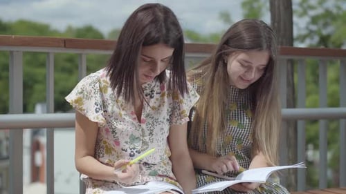 Two Young Adults Studying Together Outside on Bench