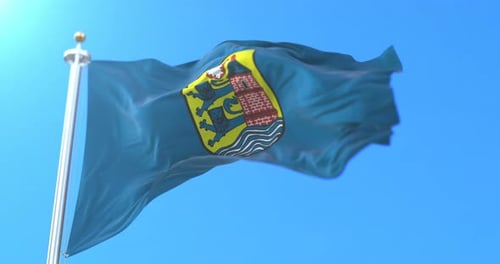 Realistic Waving Flag of Szczecin City with Emblem