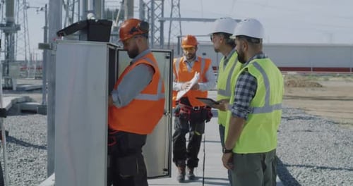 Construction Workers Discussing Plans at Site