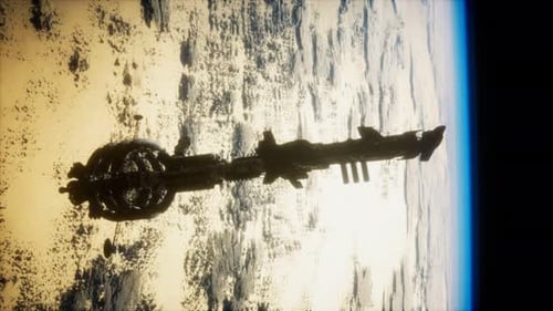 Large Futuristic Spaceship Orbiting Planet Earth