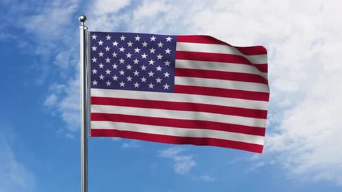 Realistic American Flag Waving on Pole Against Blue Sky