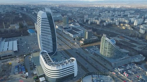 Aerial View of District in Sofia, Bulgaria with Modern Buildings and Busy Traffic