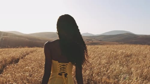 Mulher bonita em amarelo andando no campo aberto braços esticados