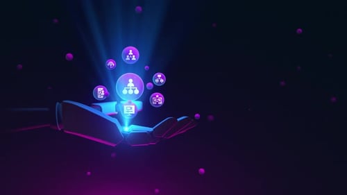 Futuristic Robotic Hand Holding Glowing Technology Icons