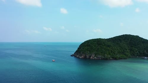 Beautiful uninhabited island, Thailand sea. Aerial panorama of calm ocean on early summer morning