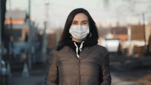 Virus Mask Spanish Woman on Street Wearing Face Protection in Prevention for Coronavirus Covid 19