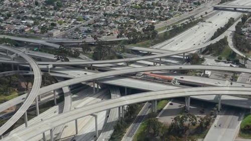 AERIAL: Spectacular Judge Pregerson Highway Showing Multiple Roads, Bridges, Viaducts with Little