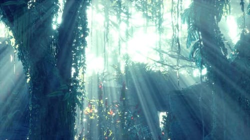 Sunlight Rays Stream Through Lush Tropical Jungle Canopy