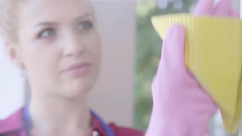 Close-up Face of Pretty Smiling Blond Girl Washing the Window with Window Rag in the Room