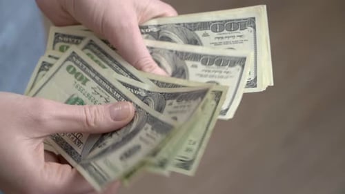 Nahaufnahme weiblicher Hände, die Dollar zählen