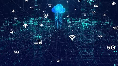 La señal de red 5g cubre todas las cosas, tecnología de Internet, ciudad holográfica