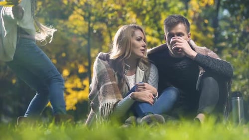Happy Family Spending Time Together in Autumn Park, Picnic Outdoors, Having Fun