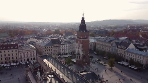 Cloth Hall and Town Hall Tower, Krakow Historic City Market Square AERIAL