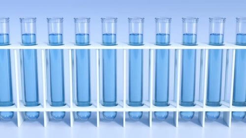 Endless animation of test tubes filled with blue liquid. Front view. Lab. 4KHD