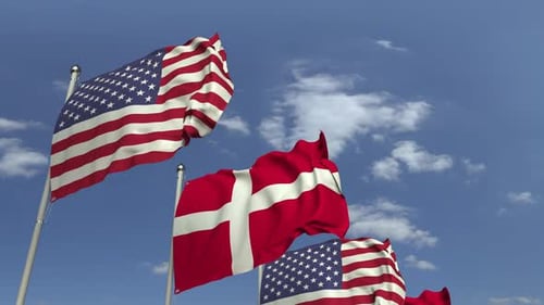 USA and Denmark Flags Waving Realistic Animation