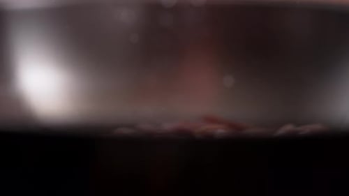 Camera follows adding chopped garlic on cooked bacon in a pan. Slow Motion.