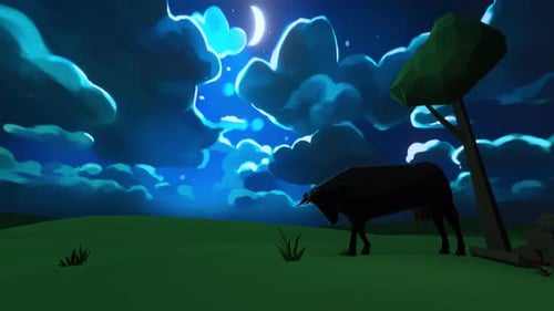Animated Geometric Low Poly Cow Grazing at Night