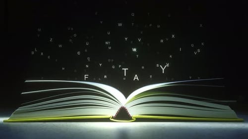 Glowing Open Book Reveals Text Title with Flying Letters