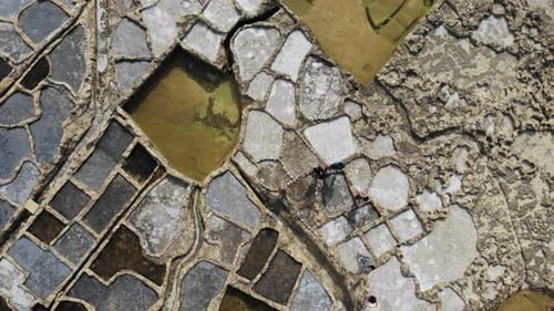 People walk among the 300-year-old sea salt harvesting salt pans on the island of Gozo in the Malta