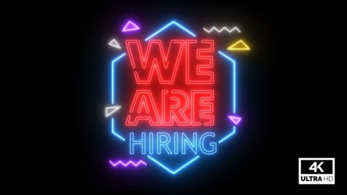 Dynamic Neon We Are Hiring Sign with Geometric Accents