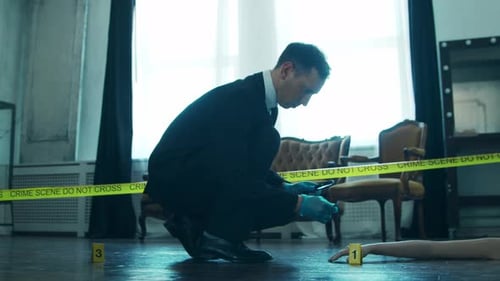 Detective Examines Crime Scene Forensics in Elegant Room