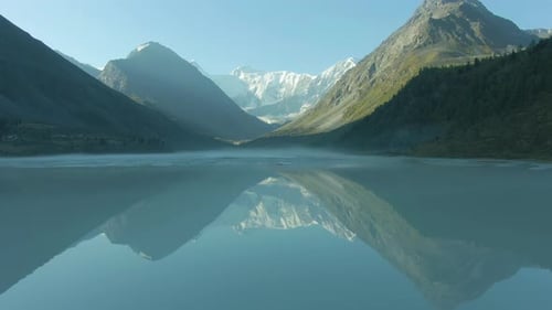 Akkem Lake and Altai Mountains in Sunny Day. Siberia, Russia. Aerial View