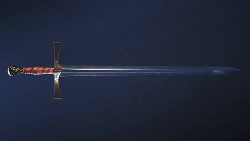 Sharp, shiny medieval steel sword against dark blue background. Knight weapon.