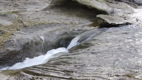 Flowing clear river water stream. Rapid river with water fall