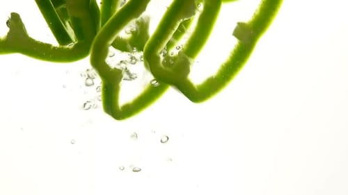 Ringe aus frischer grüner Paprika in Wasser auf weißem Hintergrund schneiden