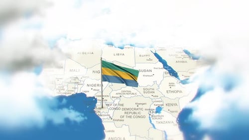 Gabon National Flag Waving Over Animated Map of Africa