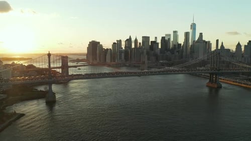Aerial Panoramic View of Manhattan Bridge Spanning East River and Skyline with Modern Downtown