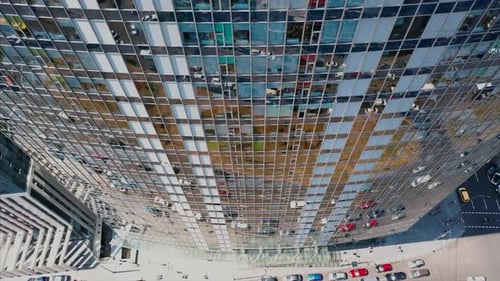 Street Reflection on Glass Steel Building Facade