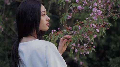 Asian Woman Outdoors on Spring Against Flower Blossom