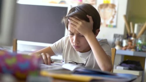 Boy Studying at Table at Home