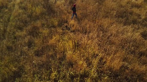 Aerial View of Lonely Woman Going on Field in Deserted Place in Autumn Season. Bird's Eye View of