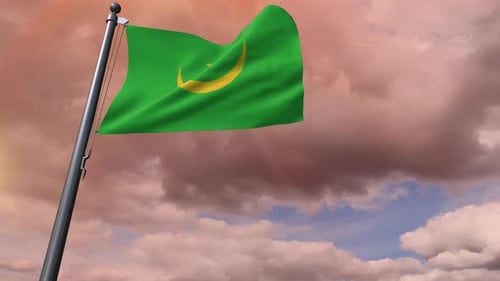 Realistic 3D Mauritania Flag Waving Against a Dramatic Cloudy Sky