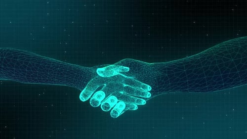 Digital Wireframe Handshake in Futuristic Grid