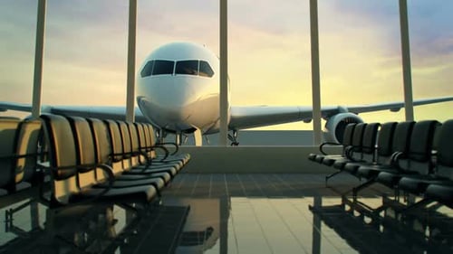 An airplane zoom-in animation in the airport terminal waiting room area. HD
