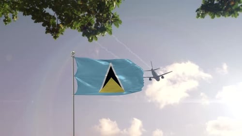 Saint Lucia Flag With Airplane And City