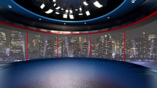 Estudio virtual de noticias de televisión con fondo de ciudad nocturna y reflectores C