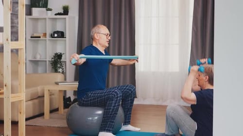 Senior Couple Exercising at Home for Fitness