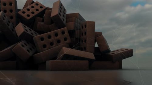 Animated 3D Bricks with Abstract Geometric Network Overlay