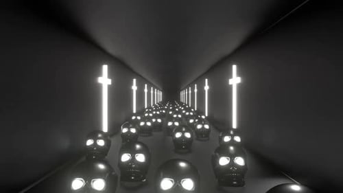 Looping Dark Tunnel with Glowing Skulls and Crosses