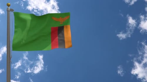 Waving Flag of Zambia Against Blue Sky