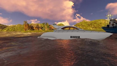 Luxury Yacht Cruising at Sunset in Tropical Waters