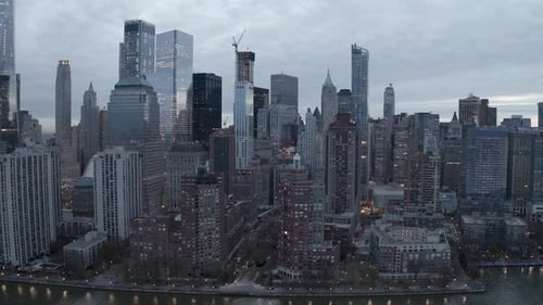 Aerial footage of lower Manhattan; taken from Jersey City