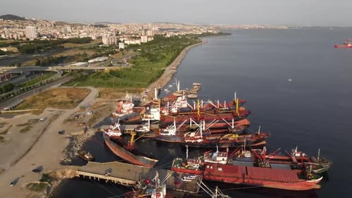 Aerial View of Cargo Ships Docked at Port