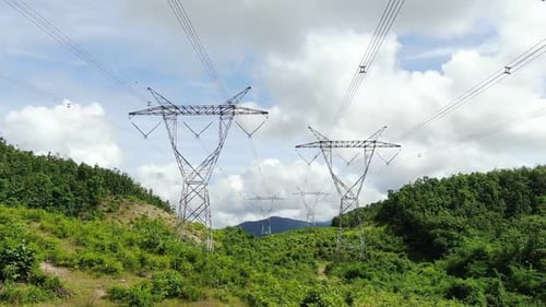 Power Line Towers in Lush Green Landscape