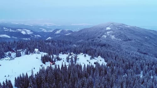 Fly over mountain ski resort