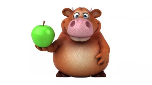 Animated 3D Cartoon Cow Holding Apple Gesturing an Idea